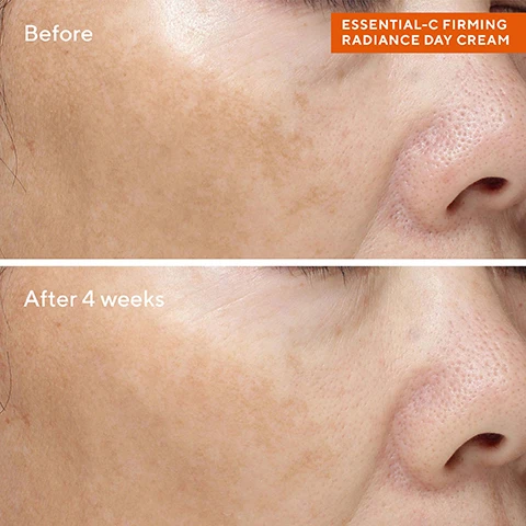 Image 1, before and after 4 weeks. image 2, clinically proven to immediately hydrate and nourish while brightening skin in 4 weeks. 231% increase in hydration in 24 hours. 100% of subjects showed significant improvement in hydration. 93% of subjects agree that their skin looked brighter and more radiant. image 3, plant based ceramides and phytol from pineapple extract helps brighten and moisturise the skin. bacillus ferment helps increase firmness and elasticity for a more youthful looking appearance. vitamin c - improves skin clarity, brightness and evens tone. image 4, bright skin days, every day. a boost of barrier strengthening radiance for all skin types and tones. 1 = cleanse with essential c cleanser, rinse and pat dry. 2 = dispense essential c toner onto a cotton pad and sweep over face and neck. 3 = smooth essential c firming radiance day cream over face, neck and chest. 4 = apply city skin age defense SPF 50 over face, neck and chest for 100% mineral UV defense.