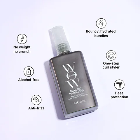 A grey Color Wow Dream Coat for Curly Hair spray bottle is shown with the text Color Wow, Dream Coat for Curly Hair, miracle moisture mist, creates the perfect frizz-free curls, 75ml e 2.5 FL OZ, and is surrounded by icons describing its benefits including No weight, no crunch, Alcohol-free, Anti-frizz, Bouncy, hydrated bundles, One-step curl styler, and Heat protection.