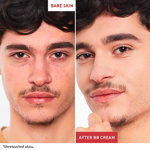 Image 1 - Image shows a side-by-side comparison of a man with bare skin on the left, displaying redness and blemishes, and the same man on the right after applying BB cream, which smooths his complexion; visible text reads BARE SKIN on the left and AFTER BB CREAM on the right, with a note at the bottom stating Unretouched skins.
Image 2 - A smiling woman with long dark hair holds a tube of BB cream while wearing a pink off-the-shoulder top, with text on the side stating it is a Korean skincare/makeup formula which evens out skin tone and conceals imperfections, boosts moisture, buildable coverage with a natural, velvet finish, and refines skin texture.
Image 3 - A tube of Erborian BB Crème au Ginseng is shown against a soft beige background, featuring details like SPF 20, DORÉ, and the text WITH KOREAN GINSENG AS EFFECTIVE AS RETINOL* along with a floral design.
Image 4 - A woman with long dark hair holds a tube of Erborian BB Crème against her cheek, featuring text that states IMMEDIATELY 91% SAY SMALL IMPERFECTIONS ARE COVERED.* AFTER 1 MONTH 80% SAY THEIR SKIN IS SMOOTHER.* with a note about satisfaction percentages in smaller text.
Image 5 - A beauty product tube of Erborian BB Cream au Ginseng with visible quotes from users Tonya, Florence, Jane, and Megan about their experiences using the product, and the text 40 ML NET WT. 1.4 OZ. is also shown.
Image 6 - Image showing a chart of hybrid creams with descriptions for choosing the right product: Skin Hero blurs pores and reduces redness, Skin Hero Glow provides an instant healthy glow, CC Cream offers light coverage and color correction, BB Cream covers blemishes with medium coverage, and Super BB Cream treats blemishes while blurring imperfections, each product accompanied by a visual of the cream tubes and swatches.