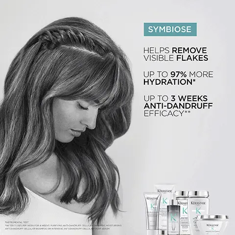 Image 1, detangling soothing cellular conditioner, sensitive scalp, prone to dandruff. Image 2, salicylic acid, bifidus, piroctone olamine. Image 3, symboise, your routine to fight oily scalp and dandruff, 1 = peel, 2 = bath, 3 = care, 4 = treat.  Helps remove visible flakes. Up to 97% more hydration. Up to 3 weeks anti-dandruff efficacy- instrumental test, after 3 uses per week for 4 weeks purifying anti-dandruff cellular shampoo, moisturing anti-dandruff cellular shampoo or intesince anti-dandruff cellular night serum.