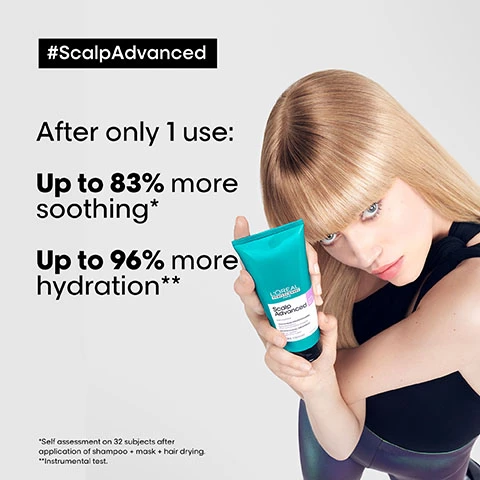 Image 1, scalp advanced after 1 use, up to 83% more soothing, up to 96% more hydration. *self assessment on 32 subjects after application of shampoo, mask and hair drying. **instrumental test. Image 2, scalp advanced review, maria said - my favourite is the intense soother, i finally found the best anti discomfort care to soothe my scalp. Image 3, scalp advanced anti discomfort protocol. 1 = dermo regular shampoo. 2 = intense soother treatment. Image 4, 300ml 10.1 fl.oz
