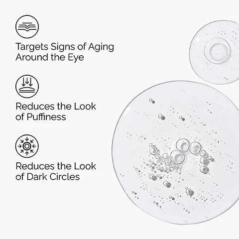 Image 1 - The image displays three product benefits with illustrative icons on a white background: Targets Signs of Aging Around the Eye, Reduces the Look of Puffiness, and Reduces the Look of Dark Circles, with clear liquid drops containing small bubbles on the right. Image 2 - A close-up of a persons eye and cheek with a hand gently touching the skin below the eye, next to three labels that read Depuffing, Brightening, and Age Support. Image 3 - A clear glass dropper with a liquid inside and a drop forming at the tip is shown next to text listing Key ingredients in Multi-Peptide Eye Serum: Palmitoyl Tripeptide-38 Targets the appearance of wrinkles; Gallate Derivatives Targets the look of dark circles; Niacinamide and Ash Bark Extract Improves the look of under-eye puffiness. Image 4 - The image shows two The Ordinary eye serums in brown dropper bottles, one with clear liquid and one with yellow bubbly liquid, offering a choice under the heading Pick Your Eye Serum: the Multi-Peptide Eye Serum smooths crows feet and under-eye wrinkles, reduces under-eye bags and puffiness, and brightens the under-eye area; while the Caffeine Solution 5% + EGCG targets dark circles and under-eye puffiness, and promotes under-eye brightness.