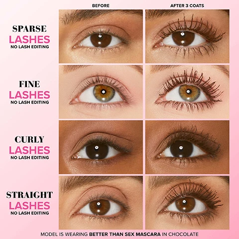 Image 1 - Image showing four pairs of eyes with varying lash types labeled as Sparse Lashes, Fine Lashes, Curly Lashes, and Straight Lashes, with images depicting the results after applying three coats of mascara, and the model is wearing Better Than Sex Mascara in Chocolate.
Image 2 - An hourglass-shaped mascara brush covered in dark brown product is shown against a pink background with a smear of the same color, accompanied by the text HOURGLASS SHAPED BRUSH Separates, Coats & Curls Each Lash To Voluptuous Perfection.
Image 3 - A tube of Too Faced Better Than Sex mascara with an applicator brush beside it on a pink background, featuring text that reads Voluptuous Volume & Dramatic Length, Peptides Condition Lashes, Ultra-Rich Chocolate Brown Shade, and Film-Forming Polymers Lock Curl in Place.
Image 4 - An infographic showcasing various Too Faced mascaras, including Better Than Sex Foreplay, Ribbon Wrapped Lash, Naturally Better Than Sex, and Waterproof Better Than Sex in different colors, with descriptions of features such as improvements in curl, volume, and length alongside brush types used for each product.