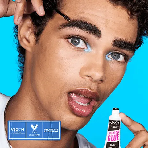 Image 1, model shot of the product being used. Text- Vegan. Cruelty free. No makeup retouching. Image 2, non-sticky, transfer-proof, waterproof, no flake. Image 3, Image showing the shades in the range. Text- 4 new tinted shades. Image 4, Image showing the brush head. Text- precise styling brush, up to 16 hour hold