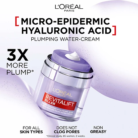 Image 1 - A jar of LOreal Revitalift Filler Plumping Water-Cream with a purple lid is shown beside a light purple background, featuring text that reads MICRO-EPIDERMIC HYALURONIC ACID PLUMPING WATER-CREAM, 3X MORE PLUMP*, FOR ALL SKIN TYPES*, DOES NOT CLOG PORES, NON GREASY, and a note about a clinical study.
Image 2 - An image of a LOréal Paris skincare product labeled Revitalift Filler, featuring a light purple jar with silver accents, surrounded by water droplets and swirl patterns, includes text highlighting key ingredients: Micro-Epidermic Hyaluronic Acid, Niacinamide & Glycerin, and Ceramides for skin benefits.
Image 3 - An image showing two skincare products from LOréal Paris on a watery background; the left container is a cream labeled Revitalift Filler, and the right is a serum labeled Revitalift with arrows pointing to each product indicating Locks in hydration for the cream and Replumps skin for the serum, with the text Pair with serum above.