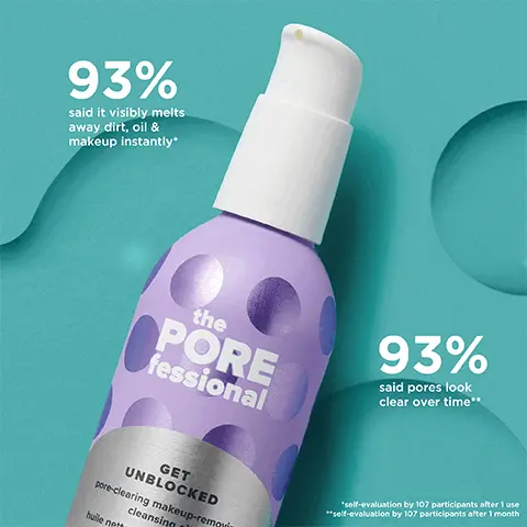 Image 1, 93% said it visibly melts away dirt, oil and makeup instantly. 93% said pores look clear over time. Image 2, Bisabol helps skin feel comfortable, grape seed, jojoba seed and avacado oils helps to nourish and condition and ceramide NP helps to maintain moisture balance.