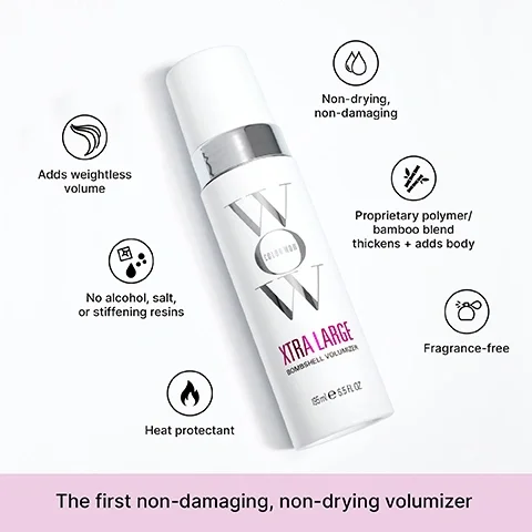 Image 3 - A white bottle of Color Wow Xtra Large Bombshell Volumizer with a silver cap, surrounded by icons highlighting its features: adds weightless volume, non-drying and non-damaging, proprietary polymer/bamboo blend thickens and adds body, no alcohol, salt, or stiffening resins, heat protectant, and fragrance-free, with the text at the bottom stating the first non-damaging, non-drying volumizer.