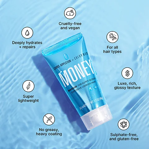 A blue tube of Chris Appleton + Color Wow Money Masque for Super Glossy Expensive-Looking Hair, 50ml e NET WT 1.7 OZ (49g) is centered on a light blue background with water ripples and droplets, surrounded by circular icons detailing its features: Cruelty-free and vegan, For all hair types, Luxe, rich, glossy texture, Sulphate-free and gluten-free, No greasy, heavy coating, Super lightweight, and Deeply hydrates + repairs.
