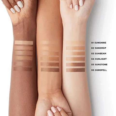 Image 1: 01 sunshine, 02 sundrop, 03 sunbeam, 04 sunlight, 05 sunstone and 06 sunspell. Image 2: Natrual sun kissed glow, weightless buildable coverage, customised pearl blends and 12 hour hydration. Image 3: 1 apply moisturiser all over face, 2, apply tinted moisturiser bronzer along hairline and blend onto forehead, across cheekbones nose and chin and 3, apply moisturiser blush to the apples of the cheeks