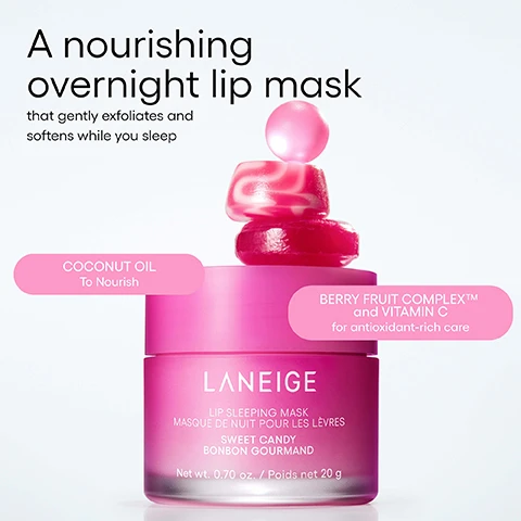 Image 1 - A pink Laneige Lip Sleeping Mask jar with a sphere and two disc-shaped candies stacked on its lid, displaying text that reads A nourishing overnight lip mask that gently exfoliates and softens while you sleep, COCONUT OIL To Nourish, BERRY FRUIT COMPLEX™ and VITAMIN C for antioxidant-rich care, LANEIGE, LIP SLEEPING MASK, MASQUE DE NUIT POUR LES LÈVRES, SWEET CANDY, BONBON GOURMAND, Net wt. 0.70 oz. / Poids net 20 g. Image 2 - A promotional image featuring several pink and red round lollipops or spheres on a white background, alongside a white box displaying skincare statistics with the title Less dead skin, More moisture, and text that reads: 40.4%* Less dead skin cells after 8 Hours, 63.2%* Less dead skin cells after 1 week, 135%* Increase in moisture level immediately after, 63.5%* Increase in moisture level while sleeping, Test conducted by Dermapro. Clinical test on 32 women aged 25-35. Test period: 2021.11.15 - 2021.11.26. Image 3 - The image displays four Laneige Lip Sleeping Masks in purple Gummy Bear, red Berry, peach Vanilla, and pink Sweet Candy flavors, stacked on a white background, with text that reads Goodnight, Chapped Lips. Hydrate, Nourish, Soften.