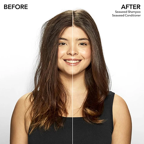 Image 1 - A woman is smiling while showing a hair transformation, with the left side displaying her hair before using hair products and the right side after using Seaweed Shampoo and Seaweed Conditioner, with BEFORE on the left and AFTER Seaweed Shampoo Seaweed Conditioner on the right.
Image 2 - Image of a green tube of Bumble and bumble Seaweed Conditioner with text stating Seaweed Conditioner infused with Royal Sugar Kelp, Pacific Sea Kelp, and Green Microalgae and 91% showed improved scalp hydration with a note about clinical testing.
Image 3 - Image shows a green background with tropical leaf patterns and text that reads MINDFULLY CRAFTED SEAWEED COLLECTION INFUSED WITH ROYAL SUGAR KELP PACIFIC SEA KELP GREEN MICROALGAE 93%+ NATURALLY DERIVED INGREDIENTS* VEGAN 100% RECYCLED PACKAGING.
Image 4 - A green tube of Bumble and Bumble seaweed conditioner with icons and text highlighting its benefits such as lightweight, adds shine, color-safe, hydrates, softens, nourishes, detangles, de-frizzes, and smooths.