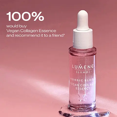 Image 1, 100% would buy Vegan Collagen Essence and recommend it to a friend* LUMENE [LUMO) NORDIC BLOO VEGAN COLLAG ESSENCE Image 2, VEGAN COLLAGEN targets signs of collagen loss to restore skin's youthful bounce NORDIC LINGONBERRY WATER delivers hydration to the skin HYALURONIC ACID 3 molecular weights of hyaluronic acid help to intensely hydrate multiple levels of skin for smoother and supple complexion