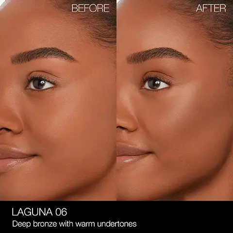 Image 1, BEFORE AFTER Image 2, YOUR BEST BRONZE YET Nine talc-free shades Long-lasting warmth Natural finish Silky texture Image 3, PICK YOUR NARS BRONZER FORMULA BENEFITS PRO TIP NARS NAS LAGUNA BRONZING CREAM Decadently creamy texture that seamlessly glides on natural, second-skin warmth LAGUNA BRONZING POWDER Silky, finely milled powders that deliver a natural, long-lasting glow Five sunkissed shades deliver long-lasting color. Featuring Monoi de Tahiti Oil to lock in moisture, tone, and firm complexion Nine talc-free shades easily build and blend while translucent micro-spheres smooth skin texture for perfected complexion For long-lasting color, use Laguna Bronzing Cream to add depth and dimension. + Follow with a light dusting of Laguna Bronzing Powder to set the cream formula.