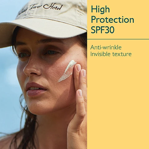 Image 1 - A woman in a sun hat applies sunscreen to her face, with visible text reading High Protection SPF30, Anti-wrinkle, Invisible texture.
Image 2 - A tube of CAUDALIE sunscreen with SPF 30 is centered in the image, surrounded by green grapes and a yellow leaf, and includes text stating Grapeseed polyphenols Antioxidant & anti-wrinkle and Vitamin E Antioxidant.
Image 3 - Image shows a yellow background with six sunscreen products from the Vinosun Protect line by Caudalie arranged in a row, labeled with their SPF levels: Spray SPF30/50, Cream SPF30/50+, Stick SPF50, Sun water SPF50+, and Lightweight Cream SPF50+, with the brand name Caudalie visible on the product packaging.
Image 4 - Image shows a comparison between two sun protection products: on the left, a spray bottle labeled High Protection Spray with fluid texture for face and body, and on the right, a tube labeled High Protection Cream with cream texture suitable for the face, both indicating Invisible high protection and featuring the brand name CAUDALIE along with SPF 30.
Image 5 - A selection of yellow sunscreen products arranged on sand with three text elements above stating suitable for children from 3 years, UVA/UVB high protection, and green on scanner apps.