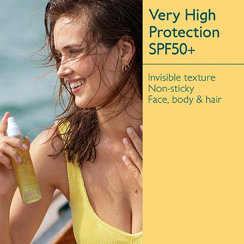 Image 1 - A woman with sun-kissed skin smiles while applying sunscreen from a spray bottle, wearing a yellow swimsuit, with water in the background; the image also includes text stating Very High Protection SPF50+, Invisible texture, Non-sticky, Face, body & hair.
Image 2 - A hand holding a yellow spray bottle labeled CAUDALIE 50+ with text above that reads Bi-phase formula Shake before using.
Image 3 - A spray bottle of Caudalie sunscreen with a yellow background, featuring the product name, SPF 50+, and claims of grape seed polyphenols and Vitamin E as antioxidants.
Image 4 - Image shows a selection of sunscreen products from the Vinosun Protect line by Caudalie, featuring six yellow containers labeled as follows: Spray SPF30/50, Cream SPF30/50+, Stick SPF50, Sun water SPF50+, and Lightweight Cream SPF50+, all against a matching yellow background.
Image 5 - Image shows two sunscreen products side by side: on the left is a bottle labeled Sun Water SPF50+ with attributes including water texture, suitable for face, body, and hair, and very high and invisible protection; on the right is a bottle labeled Invisible Spray SPF50 with attributes including fluid texture, suitable for face and body, and invisible high protection.