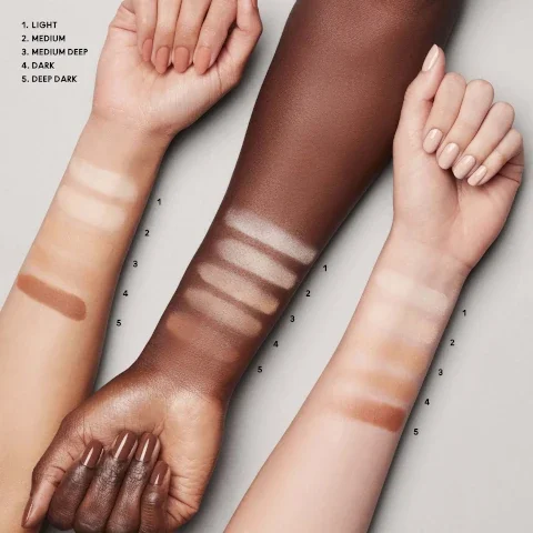 swatches on three different skin tones 1 = light, 2 = medium, 3 = medium deep, 4 = dark, 5 = deep dark