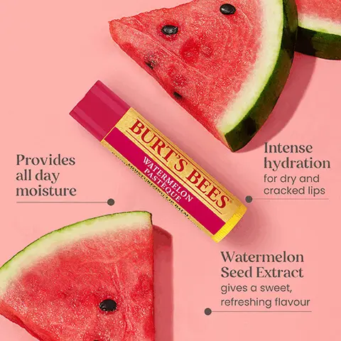 Image 1: Provides all day moisture, intense hydration for dry and cracked lips and watermelon seed extract gives a sweet refreshing flavour. Image 2: provides all day moisture, non greasy with shea butter to nourish skin and natural botanical blend watermelon and cool mint to invigorate the senses. Image 3: It's the most moisturising lip balm i have ever used. Customer 5 star review on burtbees.co.uk. Image 4 Absorbs without leaving stickiness, moisturises and smells wonderful, really good handbag size too Customer 5 star review on burtbees.co.uk. Image 5: Kind to skin and planet since 1984: Ingredients from nature, responsible sourcing, leaping bunny certified, recyclable packaging, landfill free operations and carbon neutral certified.