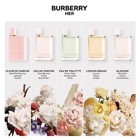 Burberry comparison chart: Elixir de parfum dark red berries jasmine and vanilla, Eau de parfum dark berries violet and dry amber, eau se toilette green pear, honeysuckle and musk, london dream lemon peony and amber, blossom mandarin, peony and sandalwood