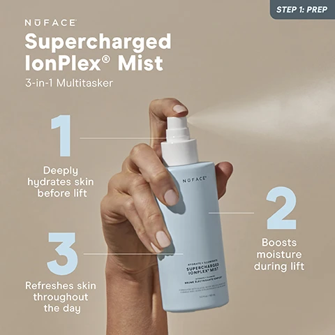 Image 1, supercharged ionplex mist 3 in 1 multitasker. 1 = deeply hydrated skin before lift. 2 = boosts moisture during lift. 3 = refreshes skin throughout the day. image 2, hydrate and illuminate, supercharged ionplex mist 3 in 1 multitasker. ionplex technology a precise concentration of ions and glacial water improves helps prepare skin for microcurrent. hyaluronic acid - attracts and hold up to 1000 times its weight in water, helping skin look visibly plumper and more hydrated. niacinamide vitamin b = helps to soothe redness and brighten skin. hyaluronic acid = nourishes and rebuilds the skin barrier to help retain moisture and protect skin from external aggressors. image 3, step 1 = prep. cleanse with an oil free cleanser, like prep n glow facial towelettes and lightly mist supercharged ionplex mist onto skin. step 2 = boost massage a few drops of your favorite super booster serum into skin until fully absorbed. step 3 = activate and lift, apply microcurrent activator in section as you lift with you nuFACE microcurrent device.