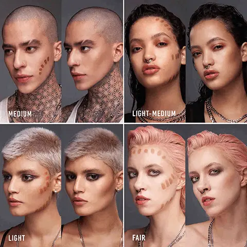 Image 1: Medium, light medium, light and fair. Image 2: deep, tan, medium tan and tan deep