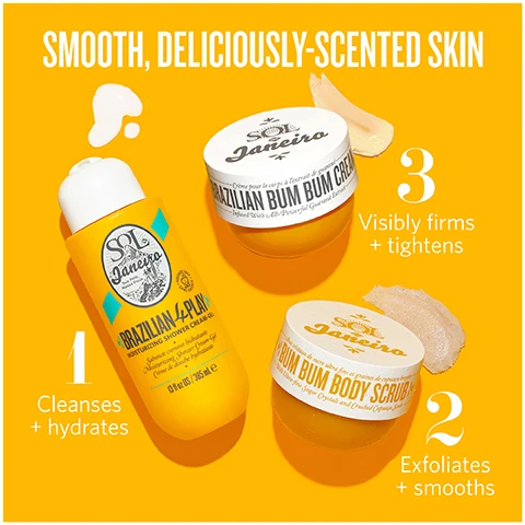 Image 1 - A bright yellow background displays three Sol de Janeiro products, including a yellow bottle of Brazilian 4-Play Moisturizing Shower Cream-Gel, a jar of Brazilian Bum Bum Body Scrub, and a jar of Brazilian Bum Bum Cream, with additional text that reads SMOOTH, DELICIOUSLY-SCENTED SKIN, 1 Cleanses + hydrates, 2 Exfoliates + smooths, and 3 Visibly firms + tightens. Image 2 - A product image showing two yellow Sol de Janeiro bottles side by side, depicting a packaging update from an older design on the left to a new design on the right, connected by an orange arrow, with visible text reading new LOOK, Sol de Janeiro, BRAZILIAN 4 PLAY, MOISTURIZING SHOWER CREAM-GEL, Sabonete cremoso hidratante, Moisturizing Shower Cream-Gel, Crème de douche hydratante, 13 fl oz / 385 mL e, Sol de Janeiro BODY CARE, BRAZILIAN PLAY BODY WASH, Cheirosa 62 Fragrance, Moisturizing Body Wash, Gel douche hydratant, Hydrates, Softens, Hydrate, adoucit, ANTIOXIDANT-RICH ACAI OIL & NOURISHING CUPUAÇU BUTTER, 13 fl oz / 385 mL e, and SAME gently moisturizing FORMULA.