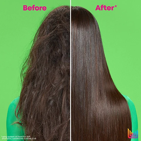 Image 1 - Image shows a side-by-side comparison of hair before and after treatment on a bright green background; the left side has frizzy, wavy hair labeled Before, and the right side features smooth, straight hair labeled After*, with additional text at the bottom noting using system of Food For Soft shampoo, conditioner or mask, & oil.
Image 2 - Image showing a side-by-side comparison of hair, with the left side labeled Before displaying frizzy, unstyled hair and the right side labeled After showcasing defined, curled hair, against a bright green background; visible text includes *using system of Food For Soft shampoo, conditioner or mask, & oil.
Image 3 - A male with short, light blonde hair is shown from the side, with one side labeled Before and the other After, set against a bright green background, and there is additional text at the bottom stating *using system of Food For Soft shampoo, conditioner or mask & oil.
Image 4 - Image shows three hair care products labeled matrix Food For Soft on a bright green background, accompanied by whole and sliced avocados, with text that reads Hyaluronic Acid Attracts Moisture and Avocado Oil Locks In Moisture.
Image 5 - A close-up of creamy hair product swatches on a vibrant green background, with visible text stating 7x More Hydration*, 72 Hours Of Softness*, and For All Dry Hair.
Image 6 - A creamy white substance is smeared on a bright green background, with the text 7x More Hydration*, 72 Hours Of Softness*, and For All Dry Hair displayed in pink bubbles.
Image 7 - Image depicts three hair care products on a bright green background: a black bottle labeled Hydrating Shampoo, a green bottle labeled Detangling Hydrating Conditioner, and a small green dropper bottle labeled Multi-Use Hair Oil Serum, with the text Food For Soft Professional Hydrating System prominently displayed at the top.
Image 8 - A person with pink nails holds a green bottle of Matrix Food For Soft hydrating conditioner against a green background, with text stating 7x More Moisture, Infused with avocado oil + hyaluronic acid, and Leaves hair feeling soft + hydrated.
Image 9 - A person with pink nails is holding a green bottle of Matrix Food For Soft shampoo against a bright green background, featuring text that says 7x More Moisture, infused with avocado oil + hyaluronic acid, and leaves hair feeling soft + hydrated.