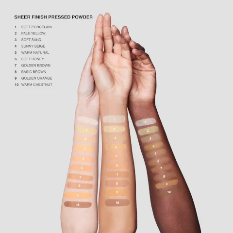 Sheer finish pressed powder, 1 soft porcelain, 2 pale yellow, 3 soft sand, 4 sunny beige, 5 warm neutral, 6 soft honey, 7 golden brown, 8 basic brown, 9 golden orange, 10 warm chestnut