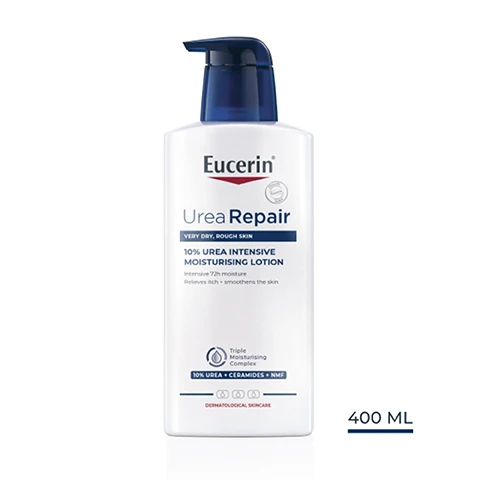 Image 1 - A bottle of Eucerin UreaRepair lotion, labeled 10% Urea Intensive Moisturising Lotion, designed for very dry, rough skin, featuring a pump dispenser and emphasis on intense moisture and skin smoothing, with a capacity of 400 ML.
Image 2 - A close-up image of a person applying cream to their leg, with text on the left side stating Key Benefits, followed by three bullet points: Intensive 72h moisture, Relieves itch, Skin smoothing.
Image 3 - A hand holds a bottle of Eucerin Urea Repair moisturizer, with text beside it reading Dry, rough skin, Moisturising, and For body.
Image 4 - An illustration of a smooth, white cream droplet with labels pointing to 5% Urea, Ceramides, and Natural Moisturisers.
Image 5 - Image shows a blue background with soft light rays and text that reads Clinically proven* 7 x more moisture after just one use.
Image 6 - Image shows three Eucerin Urea Repair products in a recommended routine layout, including a bottle of shower gel on the left, a bottle of 10% lotion in the center, and a tube of foot cream on the right, with the text Recommended Routine above them and labels SHOWER GEL, 10% LOTION, and FOOT CREAM below each product.
