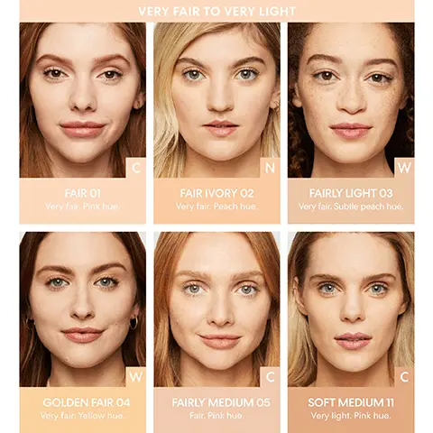 Very fair to very light. Fair 01 C Very fair. Pink hue. Fair ivory 02 N. Very fair. Peach hue. Fairly light 03 W. Very fair. Subtle peach hue. Golden fair 04 W. Very fair. Yellow hue. Fairly medium 05 C. Fair. Pink hue. Soft medium 11 C. Very light. Pink hue. Light to medium-tan. Golden medium 14 W Light. Subtle peach hue. Medium 10 C Medium, Pink hue. Neutral medium 15 N, medium, peach hue. Golden tan 20 C, medium-tan, rosy hue. Golden nude 16 N, medium-tan, peach hue. Medium tan 18 N, medium-tan, subtle rosy hue. Clinically proven 87% saw a reduction in the look of pores in a 19-day consumer study of 90 people. Matte Loose Mineral Foundation & Beautiful Finish Brush. Swirl a small amount in the lid until it disappears into the brush. Tap away excess. Buff in a circular motion, from the outside of your face inward.