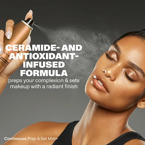Image 1, ceramide and antioxidant infused formula. preps your complexion and sets makeup with a radiant finish. continuous pre and set mist. image 2, continuous prep and set mist. hydrates, nourishes and strengthens skin barrier = ceramides. enhances moisture = electrolytes. boosts elasticity = antioxidants. image 3, 100% showed immediate improvement in hydration. based on a study of 31 female setting spray and foundation users. image 4, continuous prep and set mist, full size for everyday use and mini for on the go. image 5, choose your perfect setting. original radiant finish = continuous setting mist. preps, sets and nourishes = continuous prep and set mist. sets and protects with SPF = sunsetter SPF 30 setting spray. controls shine = mattifying setting spray. hydrates for a healthy glow = luminous setting spray.