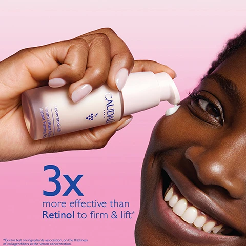 Image 1 - A smiling woman with dark skin applies a skincare product from a bottle, with a soft pink gradient background and text stating 3x more effective than Retinol to firm & lift.
Image 2 - A pink bottle of Caudalie Resveratrol-Lift serum with a pump, surrounded by purple grapes, labeled with benefits including Hyaluronic acids for smoothness and hydration, Vegan collagen for lifting effect, Resveratrol for anti-wrinkles, and Collagen booster for firm skin.
Image 3 - Image shows two Caudalie skincare products, a refillable serum bottle and a refill tube, with text that reads Refillable Infinitely recyclable aluminum refill -87% less packaging*.
Image 4 - Three serum bottles from CAUDALIE are displayed in a row, labeled for their specific benefits: Premier Cru for global anti-aging, Resveratrol-Lift for wrinkles and firmness, and Vinoperfect for dark spots and radiance, with the text Which Serum For your skin ? above them.
Image 5 - A hand holding a bottle of Caudalie Instant Firming Serum with a pink background, along with text that reads How to recycle followed by steps: 1. Recycle the glass bottle in the recycling bin and 2. Recycle the pump with Terracycle.
Image 6 - A flat lay image of various skincare products from Caudalie, including an Instant Firming Serum, a Lightweight Cashmere Cream, a Firming Eye Gel Cream, a Cashmere Cream, and a Firming Night Cream, with steps labeled for applying the products.