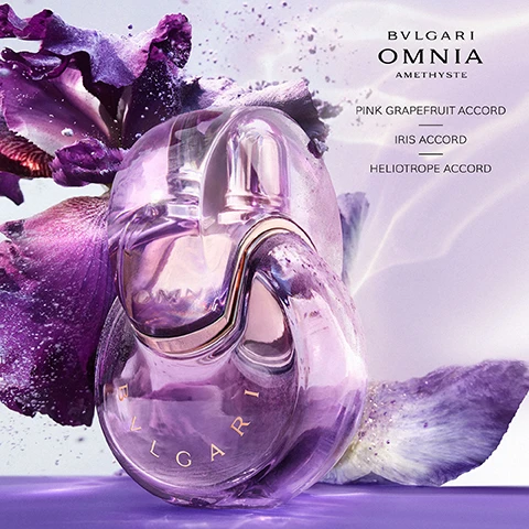 Image 3 - A purple BVLGARI OMNIA AMETHYSTE perfume bottle, with BVLGARI visible vertically on its side, is surrounded by dark purple iris petals and falling purple powder on a purple surface, with text BVLGARI OMNIA AMETHYSTE, PINK GRAPEFRUIT ACCORD, IRIS ACCORD, and HELIOTROPE ACCORD. Image 6 - The image displays four BVLGARI OMNIA perfume bottles, each accompanied by its fragrance description: a red swirl-shaped bottle with hibiscus flowers and the text BVLGARI OMNIA CORAL EAU DE TOILETTE FLORAL FRUITY JUICY LIVELY; a clear swirl-shaped bottle with white flowers and the text BVLGARI OMNIA CRYSTALLINE EAU DE TOILETTE FLORAL WOODY RADIANT CRISPY; a gold swirl-shaped bottle with jasmine flowers and the text BVLGARI OMNIA CRYSTALLINE EAU DE PARFUM FLORAL WOODY GRACEFUL ENVELOPING; and a purple swirl-shaped bottle with purple flowers and glitter and the text BVLGARI OMNIA AMETHYSTE EAU DE TOILETTE FLORAL FLORAL DELICATE POWDERY.