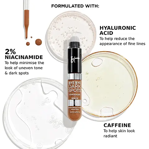 Formulated with 2% niacinamide to help minimise the look of uneven tone and dark spots, hyaluronic acid to help reduce the appearance of fine lines and caffeine to help skin look radiant. Image 2, Doe foot applicator for targeted application, kabuki brush for an effortless blend on the go. Image 3, 94% say bare akin looks smoother, 86% say dark spots looks minimised and 86% say bare skin looks more radiant. Image 4, your brightening routine, 1 glow perfect, 2 conceal and brighten under eyes and 3 set. Image 5, YOUR BYE BYE
WHICH SHADE IS RIGHT FOR YOU? BYE BYE DARK SPOTS CONCEALER DARK SPOTS MATCH CONCEAL BRIGHTEN MEDIUM COOL 30 LIGHT COOL 20 LIGHT WARM 23 FAIR WARM 12 LIGHT NEUTRAL 22 FAIR NEUTRAL 11 LIGHT COOL 20 LIGHT COOL 20 FAIR WARM 12 FAIR NEUTRAL 11 FAIR NEUTRAL 11
FAIR NEUTRAL 11. Image 6, YOUR BYE BYE WHICH SHADE IS RIGHT FOR YOU? BYE BYE DARK SPOTS CONCEALER DARK SPOTS MATCH CONCEAL BRIGHTEN TAN WARM 44 TAN NEUTRAL 42 TAN NEUTRAL 42 MEDIUM NEUTRAL 33 TAN COOL 40 MEDIUM NEUTRAL 33 MEDIUM NEUTRAL 33 MEDIUM NEUTRAL 31 MEDIUM WARM 32 LIGHT WARM 23 MEDIUM NEUTRAL 31 LIGHT NEUTRAL 22. Image 7, YOUR BYE BYE
WHICH SHADE IS RIGHT FOR YOU? BYE BYE DARK SPOTS CONCEALER DARK SPOTS MATCH CONCEAL BRIGHTEN DEEP NEUTRAL 61 DEEP NEUTRAL 58 DEEP WARM 60 RICH WARM 51 DEEP NEUTRAL 58 RICH NEUTRAL 53 RICH NEUTRAL 53 TAN NEUTRAL 42 RICH WARM 51 TAN WARM 44 RICH COOL 50 TAN NEUTRAL 42