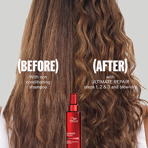 Image 1 - The image features a split view of long brown hair from the back, showing a before and after transformation where the left side, labeled BEFORE With non conditioning shampoo, depicts hair appearing dull and somewhat frizzy, and the right side, labeled AFTER with ULTIMATE REPAIR steps 1, 2 & 3 and blow-dry, depicts hair looking smooth and wavy, with a red Wella Professionals Ultimate Repair bottle featuring text WELLA PROFESSIONALS ULTIMATE REPAIR WITH AHA & OMEGA-9 STEP 3 MIRACLE HAIR RESCUE LEAVE-IN positioned at the bottom center. Image 2 - A red spray bottle containing red liquid with the Wella™ Professionals logo on it is shown against a dark red background, with the text REPAIR HAIR DAMAGE IN 90 SECONDS displayed above. Image 3 - The image shows a graphic illustrating Patented Technology, depicting a translucent white shape containing two glossy red spheres, one labeled AHA and the other OMEGA-9, with accompanying text explaining Rebuild Bonds Inside with AHA and Replenish Hair Outside with OMEGA-9. Image 4 - A photo showing two red Wella Ultimate Repair product bottles side by side with an arrow pointing right, with large black text above them reading NEW DESIGN SAME GREAT FORMULA, and bottle labels that state Wella Professionals Ultimate Repair Miracle Hair Rescue with AHA & Omega-9 instant, long-lasting repair and protection inside and out 30 mL (1 FL OZ) on the left, and Wella Professionals Ultimate Repair with AHA & Omega-9 Step 3 Miracle Hair Rescue Leave-In 30 ML | 1 FL OZ on the right. Image 5 - A split image displays the back of a persons dark, curly hair, with the left side showing dry, frizzy hair labeled (BEFORE) With non conditioning shampoo, and the right side showing smooth, defined curls labeled (AFTER) with ULTIMATE REPAIR steps 1, 2 & 3 and blow-dry, while a red bottle of WELLA PROFESSIONALS ULTIMATE REPAIR WITH AHA & OMEGA-9 STEP 3 MIRACLE HAIR RESCUE LEAVE-IN is positioned at the bottom center.