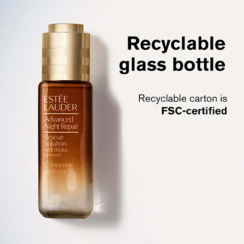 Image 1 - A brown glass bottle of Estée Lauder Advanced Night Repair Rescue Solution with a gold cap is displayed on a light background, with text indicating the bottle is recyclable and the carton is FSC-certified.
Image 2 - Image shows two perfume bottles of Tom Ford Grey Vetiver, one in a light amber color and the other in silver, surrounded by green leaves and white flowers, with text reading CHARISMATIC ELEGANCE WOODY CITRUS VETIVER ORANGE FLOWER PIMENTO and TAILORED STYLE AMBER, FRUITY ORANGE FLOWER SAFFRON VETIVER HAITI.