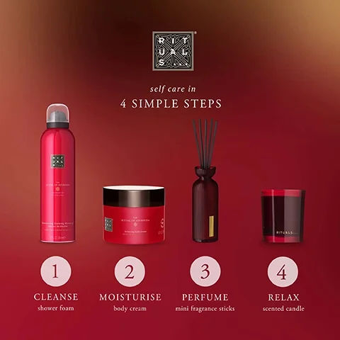 1 = cleanse with shower foam. 2 = exfoliate with body scrub. 3 = perfume with mini fragrance sticks. 4 = relax with scented candle.