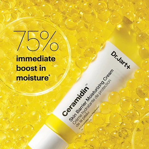 Image 1 - A tube of Dr. Jart+ Ceramidin Skin Barrier Moisturizing Cream is surrounded by yellow spheres, with the text 75% immediate boost in moisture displayed prominently.
Image 2 - Image shows multiple tubes of Dr. Jart+ Ceramidin Skin Barrier Moisturizing Cream stacked together with a green background, and visible text states + Strengthens skins barrier* + Boosts elasticity*.