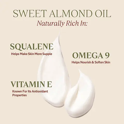 SWEET ALMOND OIL Naturally Rich In, SQUALANE Helps Make Skin More Supple, OMEGA 9 Helps Nourish & Soften Skin, VITAMIN E Known For Its Antioxidant Properties. Nourish And Soften The Hands. Discover Our Almond Collection.