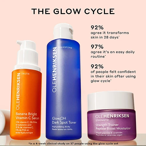 Image 1 - Three Olehenriksen skincare products, an orange serum bottle, a blue toner bottle, and a purple moisturizer jar, are displayed on a light pink background with the text: THE GLOW CYCLE. On the orange bottle: OLEHENRIKSEN TRUTH Banana Bright Vitamin C Serum 15% vitamin C, 5% PHAs & hyaluronic acid 15% de vitamine C, 5% de PHA et acide hyaluronique. On the blue bottle: OLEHENRIKSEN TRANSFORM Glow2OH Dark Spot Toner High-potency AHAs Haute teneur en AHAs. On the purple jar: OLEHENRIKSEN STRENGTH Strength Trainer Peptide Boost Moisturizer Vegan peptides & ceramides Peptides et ceramides vegan. Also shown are statistics: 92% agree it transforms skin in 28 days*, 97% agree it’s an easy daily routine*, 92% of people felt confident in their skin after using glow cycle*. A footnote reads: *in a 4-week clinical study on 37 people using the glow cycle set. Image 2 - Olehenriksen skincare products, including a blue toner bottle, an orange serum pump bottle, and a purple moisturizer jar, are pictured with an Olehenriksen The Glow Cycle Skincare Set box, displaying visible text: 41% SAVINGS ($105 VALUE) Strength Moisturizer FULL SIZE Vitamin C Serum TRAVEL SIZE Glow2OH Toner TRAVEL SIZE OLEHENRIKSEN TRANSFORM Glow2OH Dark Spot Toner High-potency AHAs OLEHENRIKSEN TRUTH Banana Bright Vitamin C Serum 15% vitamin C, 5% PHA & hyaluronic acid 15% de vitamine C, 5% de PHA et acide hyaluronique OLEHENRIKSEN STRENGTH Strength Trainer Peptide Boost Moisturizer Vegan peptides & ceramides OLEHENRIKSEN SKINCARE SET COFFRET SOIN THE GLOW CYCLE ACTUAL SIZE TAILLE RÉELLE OLEHENRIKSEN STRENGTH Strength Trainer Peptide Boost Moisturizer Facial moisturizer 50mL/1.7FL OZ OLEHENRIKSEN TRANSFORM Glow2OH Dark Spot Toner Facial toner 65mL/2.2FL OZ. Image 3 - A split-screen image comparing a persons face before and after using a product, with the left side showing skin with redness and visible pores labeled BEFORE, and the right side showing brighter, smoother skin with a dotted outline on the forehead labeled AFTER 1 WEEK, and text at the bottom reading BANANA BRIGHT VITAMIN C SERUM INSTANTLY BRIGHTENS + FIRMS. Image 4 - A split-screen image shows a womans face before and after using a product, with the left side displaying skin with more texture and a matte finish labeled BEFORE, and the right side showing smoother, more hydrated, and glowing skin after 4 weeks labeled AFTER 4 WEEKS, with additional text STRENGTH TRAINER PEPTIDE BOOST MOISTURIZER DEEPLY HYDRATES + STRENGTHENS. Image 5 - A split image shows a womans face before and after 1 week of treatment, with the left side showing more dark spots and uneven tone and the right side showing reduced dark spots and more even tone, highlighted by a dotted outline on the cheek, with the text BEFORE, AFTER 1 WEEK, GLOW₂OH DARK SPOT TONER, and EVENS TONE + VISIBLY REDUCES DARK SPOTS. Image 6 - The image shows two Ole Henriksen skincare sets, an older version on the left in an orange box and a newer version on the right in a beige box, separated by an arrow, above the text NEW LOOK. NEW NAME. SAME MUST-HAVE SKINCARE SET. The left box, labeled OLEHENRIKSEN OLE GLOW ICONS SKINCARE SET COFFRET DE SOINS FULL SIZE TAILLE STANDARD, contains a purple jar of OLEHENRIKSEN Strength Trainer Peptide Boost Moisturizer 50ML/1.7 FL.OZ, an orange pump bottle of OLEHENRIKSEN Banana Bright Vitamin C Serum 15ML/0.5 FL.OZ, and a blue bottle of OLEHENRIKSEN Glow2OH Dark Spot Toner TRANSFORM 65ML/2.2 FL.OZ. The right box, labeled OLEHENRIKSEN SKINCARE SET COFFRET SOIN THE GLOW CYCLE ACTUAL SIZE TAILLE RÉELLE, contains an orange pump bottle of OLEHENRIKSEN Banana Bright Vitamin C Serum 15ML/0.5 FL.OZ, a purple jar of OLEHENRIKSEN Strength Trainer Peptide Boost Moisturizer 50ML/1.7 FL.OZ, and a blue bottle of OLEHENRIKSEN Glow2OH Dark Spot Toner TRANSFORM 65ML/2.2 FL.OZ. Below the boxes, the text captions read OLE GLOW ICONS and THE GLOW CYCLE respectively. Image 7 - An image presenting Ole Henriksen morning and night skincare routines with product bottles and jars, featuring a yellow sun icon for the morning routine and a blue crescent moon icon for the night routine, with visible text including MORNING ROUTINE, 01 / BRIGHTEN Vitamin C Serum, Ole Henriksen Banana Bright Vitamin C Serum, 02 / HYDRATE Vitamin C Moisturizer, Ole Henriksen C-Rush Brightening Gel Crème, 03 / ILLUMINATE Vitamin C Eye Cream, Ole Henriksen Banana Bright Eye Crème, NIGHT ROUTINE, 01 / RENEW Exfoliating Toner, Ole Henriksen Glow2OH Dark Spot Toner, 02 / STRENGTHEN Peptide Moisturizer, Ole Henriksen Strengths Trainer Peptide Boost Moisturizer.