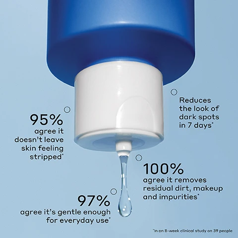 Image 1 - A blue and white product bottle dispenses a clear liquid droplet, surrounded by text that reads: 95% agree it doesnt leave skin feeling stripped*, Reduces the look of dark spots in 7 days*, 100% agree it removes residual dirt, makeup and impurities*, 97% agree its gentle enough for everyday use*, *In an 8-week clinical study on 39 people. Image 2 - A light blue background with a clear curved liquid stream and droplets features the text: Lightweight liquid, Naturally derived lemon sugar scent, Non-stripping, Gentle enough for everyday use. Image 3 - The image displays key ingredients and their benefits against a dark blue background, featuring a circle with blue liquid and bubbles next to the text SMOOTHES SKIN TEXTURE + VISIBLY REDUCES DARK SPOTS with 7% AHAs, a circle with blue liquid drops next to BRIGHTENS + REFINES SKIN with witch hazel water, and a circle with a white daisy flower and green leaves next to SOOTHES + CONDITIONS SKIN with chamomile extract, all presented under the main heading KEY INGREDIENTS. Image 4 - The image displays a two-part skincare guide, with the top section set on a light peach background showing a yellow sun icon, an orange pump bottle, a purple jar, and a small orange jar, while the bottom section on a light blue background features a light blue crescent moon icon, a blue bottle, and a purple jar; visible text includes MORNING ROUTINE, OLEHENRIKSEN Banana Bright 15% Vitamin C Serum, 01 / BRIGHTEN Vitamin C Serum, OLEHENRIKSEN Strength Trainer Peptide Boost Moisturizer, 02 / HYDRATE Vitamin C Moisturizer, OLEHENRIKSEN Banana Bright+ Eye Crème, 03 / ILLUMINATE Vitamin C Eye Cream, NIGHT ROUTINE, OLEHENRIKSEN Glow2OH Dark Spot Toner, 01 / RENEW Exfoliating Toner, OLEHENRIKSEN Strength Trainer Peptide Boost Moisturizer, and 02 / STRENGTHEN Peptide Moisturizer.