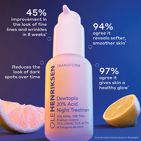 Image 1 - A pink and purple OLEHENRIKSEN skincare bottle with two lemon halves, one pink and one yellow, on a dark blue background, displays text that reads: OLEHENRIKSEN TRANSFORM Dewtopia 20% Acid Night Treatment 10% AHAs, 10% PHAs & lemon enzyme 10% d’AHA, 10% de PHA et l’enzyme de citron, 45% improvement in the look of fine lines and wrinkles in 8 weeks*, Reduces the look of dark spots over time, 94% agree it reveals softer, smoother skin*, 97% agree it gives skin a healthy glow*, and a disclaimer *In an 8-week clinical study on 36 people. Image 2 - A yellow background with wavy, textured lines resembling a thick cream or custard displays the text: Velvety, custard-like texture Lemon sugar scent. Image 3 - The image titled KEY INGREDIENTS lists three benefits with corresponding visual icons: chemically exfoliates to smooth skin texture with 10% AHAs + 10% PHAs, shown with oil droplets; hydrates and refreshes with aloe juice, shown with aloe vera leaves; and calms and soothes with Nordic birch sap, shown with birch leaves. Image 4 - A diagram shows an Ole Henriksen skincare routine, divided into morning and night steps, with product bottles and jars featuring the text THE GLOW CYCLE BRIGHTEN. STRENGTHEN. RENEW. REPEAT. UNLOCK YOUR BEST SKIN. MORNING ROUTINE, with a yellow sun icon, features 01/ BRIGHTEN Vitamin C Serum, 02/ STRENGTHEN Peptide Moisturizer, 03/ ILLUMINATE Vitamin C Eye Cream. NIGHT ROUTINE, with a blue crescent moon icon, features 01/ RENEW Exfoliating Serum (2-3 times a week) and 02/ STRENGTHEN Peptide Moisturizer.