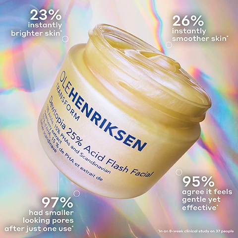 Image 1 - A tilted yellow jar of OLEHENRIKSEN TRANSFORM Dewtopia 25% Acid Flash Facial skincare product is shown against a colorful, iridescent background, with text on the jar reading OLEHENRIKSEN TRANSFORM Dewtopia 25% Acid Flash Facial 10% AHAs, 15% PHAs and Scandinavian strawberry extract 10% dAHA, 15% de PHA et extrait de fraise scandinave, and surrounding text claims 23% instantly brighter skin*, 26% instantly smoother skin*, 97% had smaller looking pores after just one use*, 95% agree it feels gentle yet effective*, and fine print *In an 8-week clinical study on 37 people. Image 2 - A purple-blue background with white text describing product instructions and tips, alongside a flowing stream of yellow-gold, viscous liquid; the text reads: HOW TO USE: 01 / Apply mask to clean dry face 2-3 times a week at night 02 / Leave on for 5 minutes 03 / Rinse off with warm washcloth 04 / Follow with Strength Moisturizer PRO TIPS: Flash facial makes a great prep step for smooth makeup application Always follow with spf—acids can make your skin more sensitive to the sun Skip leave-on exfoliants when using this mask. Image 3 - The image shows a graphic titled KEY INGREDIENTS with three sections, each having a circular icon and descriptive text: the first features bubbles and text Retexturizes + Brightens Skin with 25% acids (10% AHAs + 15% PHAs); the second features an aloe leaf and text Conditions + Calms Skin with 20% Aloe Juice; the third features red berries and text Hydrates + Nourishes Skin with Scandinavian rowanberry water. Image 4 - A skincare guide displaying OLEHENRIKSEN products for morning and night routines, with the Morning Routine section showing a yellow sun icon and products labeled 01 / BRIGHTEN Vitamin C Serum, 02 / HYDRATE Vitamin C Moisturizer, and 03 / ILLUMINATE Vitamin C Eye Cream, and the Night Routine section showing a light blue crescent moon icon and products labeled 01 / RENEW Retexturizing Mask (2-3 times a week) and 02 / STRENGTHEN Peptide Moisturizer.