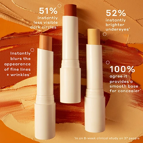 Image 1 - Three white cosmetic sticks with peach, terracotta, and yellow tips stand upright against a background of orange and brown makeup swatches, with text that reads Instantly blurs the appearance of fine lines + wrinkles*, 51% instantly less visible dark circles*, 52% instantly brighter undereyes*, 100% agree it provides a smooth base for concealer*, and *In an 8-week clinical study on 37 people. Image 2 - Three swatches of creamy makeup in shades of light beige, peachy nude, and deep reddish-brown are displayed on an orange background, with white text listing features: Creamy, Blends easily, Ultra-pigmented, Super hydrating. Image 3 - A promotional graphic with a beige background featuring cosmetic swatches and text reading Ingredient Spotlight, Banana Bright + Vitamin CC Stick, followed by an orange section detailing three ingredients with their benefits: Two Forms of Enhanced Vitamin C Help brighten + fade the look of dark circles and defend skin against environmental aggressors like pollution, Banana Powder-Inspired Pigments Light-reflecting mineral pigments that instantly illuminate your complexion, and Caffeine Energizes + invigorates skin. Image 4 - A color chart titled FIND YOUR CORRECTOR COLOR SHADE, with instructions STEP 1 Identify the undertone of your dark circles and STEP 2 Choose your shade to instantly color-correct, shows a gradient from purple to blue labeled Purple dark circles, Blue/purple dark circles, Blue dark circles, matched with corrector shades Banana, Apricot, and Pumpkin. Image 5 - An image on an orange background shows an orange jar of Olehenriksen Truth Banana Bright+ Eye Crème on the left and three Olehenriksen Banana Bright+ Vitamin CC Sticks in varying shades on the right, with text that reads Banana Bright+ Eye Creme, Banana Bright+ Vitamin CC Stick, An illuminating eye cream that brightens over time, visibly reduces crow’s feet + boosts elasticity, What It Is, A color correcting eye cream stick that instantly neutralizes dark circles, Gold-complexed vitamin C + banana powder-inspired pigments, Whats In It, 2 forms of vitamin C, caffeine + color pigments, AM, When To Use, AM.