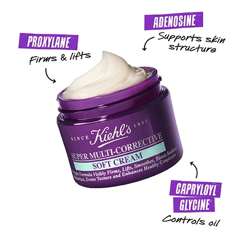 Image 1, proxylane firms and lifts. adenosine supports skin structure. carpryloyl glycine contracts oil. Image 2, 96% saw visible pro ageing results, before and after an 8 week study, average results may vary. Image 3, rich and nourishing cream, new lightweight soft cream. Image 4, rich and nourishing super multi corrective cream and lightweight and refreshing super multi corrective soft cream swatches