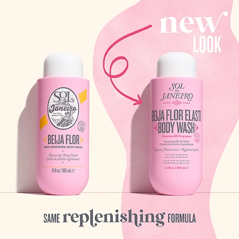 Image 2 - The image shows two pink Sol de Janeiro body wash bottles against a pink and cream background, an older design on the left and a new design on the right, connected by a red curved arrow and the text new LOOK above, with the text SAME replenishing FORMULA below; the left bottle reads SOL DE JANEIRO Sua Pele, Nossa Praia SULFATE FREE SANS SULFATE BEIJA FLOR SKIN-RENEWING BODY WASH Renewing Body Wash Crème de douche régénérante 13 fl oz / 385 mL e, and the right bottle reads SOL DE JANEIRO BODY CARE BEIJA FLOR ELASTI BODY WASH Cheirosa 68 Fragrance Renewing Body Wash Crème de douche régénérante Renews, Moisturizes • Régénère, hydrate RETINOL-MIMICKING CACAY OIL & SQUALANE CACAY, UNE ALTERNATIVE AU RÉTINOL & SQUALANE SULFATE FREE SANS SULFATE 13 fl oz / 385 mL e. Image 3 - A pink Sol de Janeiro Cheirosa 68 fragrance mist bottle is prominently featured alongside a second partially visible bottle, surrounded by white and yellow plumeria flowers, cut pink dragonfruit pieces, and a green peel, on a light pink background, with additional text stating with notes of BRAZILIAN JASMINE PINK DRAGONFRUIT & OCEAN AIR.