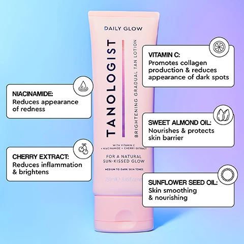 Image 1, vitamin c promotes collagen production and reduces appearance of dark spots. niacinamide reduces appearance of redness. sweet almond oil nourishes and protects skin barrier. cherry extract reduces inflammation and brightens. sunflower seed oil skin smoothing and nourishing. image 2, how to apply daily glow. step 1 = massage evenly onto dry skin in place of your body lotion. step 2 = use sparingly on hands, elbows, knees and ankles. step 3 = wash hands thoroughly after application. step 4 = use daily for natural sunkissed tan.