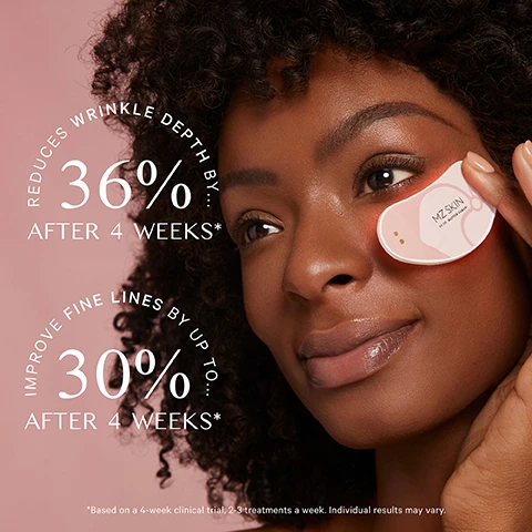 Image 1 - A woman with dark curly hair applies a glowing pink and white MZ Skin device to her under-eye area, with text stating Reduces wrinkle depth by 36% after 4 weeks, Improve fine lines by up to 30% after 4 weeks, and Based on a 4-week clinical trial, 2-3 treatments a week. Individual results may vary. Image 2 - Two pink, bean-shaped skincare devices, each labeled MZ SKIN BY DR. MARYAM ZAMANI, are displayed on a light background with text above them stating RED 630nm LIGHT AND NEAR INFRARED 830nm LIGHT and Helps provide anti-inflammatory benefits, stimulate collagen production, & strengthen the skin barrier. Image 3 - A close-up of a persons face shows an eye and smooth skin around the cheekbone, with a white line pointing to the skin, overlaid with text that reads 96% of participants reported reduced fine lines* *12-week clinical study on 20 participants, 3 treatments per week. Image 4 - The image shows a pink LED face mask on the left and two smaller pink LED eye devices on the right, against a light pink background, with text that reads MZ SKIN LED+ RANGE, LED 2.0 LightMAX, LightMAX MiniPro Eyeconic LED, and on each eye device MZ SKIN BY DR. MARYAM ZAMANI. Image 5 - Two pink, curved MZ SKIN BY DR. MARYAM ZAMANI devices with power buttons are on a gold tray, with text stating CLINICALLY PROVEN... to improve the appearance of wrinkles *Independent clinical study over 12 weeks.