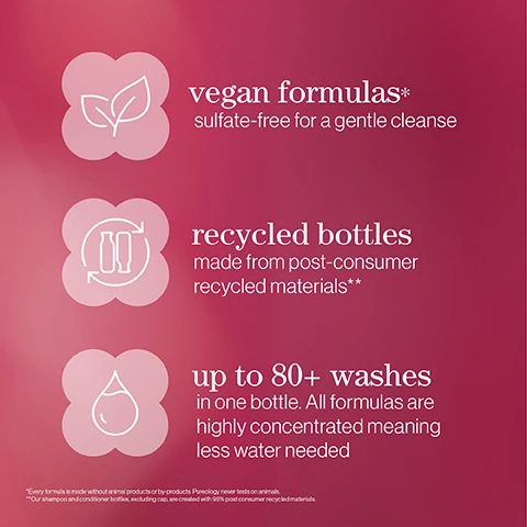 Image 1, benefit - targets frizz and dryness smooths hair. image 2, vitamin e, sunflower seed oil, camellia seed oil. image 3, vegan formula* sulfate free for a gentle cleanse. recycled bottles made from post consumer recycled materials. up to 80+ washes in one bottle. all formulas are highly concentrated meaning less water needed. every formula is made without animal products or by products. pureology never tests on animals. our shampoo and conditioner bottles , excluding cap are created with 95% post consumer recycled materials