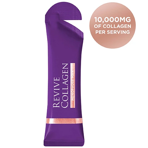 Image 1 - A purple sachet for Revive Collagen Menopause Max supplement is shown alongside a circular label stating 10,000MG OF COLLAGEN PER SERVING. Image 2 - The image shows a purple Revive Collagen Menopause Max sachet, a small clear capsule with an orange center, and spilled orange liquid on a white and purple background, alongside a list of ingredients and their benefits which includes: Revive Collagen Menopause Range - A world first! Packed with 10,000mg of Type 1 Marine Collagen. Lutein - Referred to as the eye vitamin which supports eye health. Reishi Mushroom - Enhances the immune system, helps to reduce stress & fatigue. Chicory Root - Source of inulin (prebiotic). High in fibre which is great for gut health. Pinebark Extract - Proven to improve skin elasticity by up to 25%. Retinol - Boosts collagen production & skin renewal for a radiant complexion. Selenium - Preserves tissue elasticity & youth appearance of the skin. Helps reduce hot flushes! Zinc - Helps relieve vaginal dryness. Folic Acid - Helps to reduce hot flushes! 50% Vitamin B6 & B12 - Helps reduce tiredness & fatigue. 50% Vitamin C & D - Powerful antioxidant that helps aid in collagen production & works to brighten the skin. Vitamin K - Supports bone health. Great-tasting Coconut & Pineapple flavour! Image 3 - A smiling woman is shown in a before and after comparison, with blonde hair and a rosy complexion on the left, and grey hair with glasses on her head on the right. Text reads BEFORE AFTER. Image 4 - A comparison graphic shows a purple Revive Collagen Enhanced Plus sachet on the left and a pile of white collagen tablets on the right, with text below stating that x1 Revive Collagen Sachet has a 90% to 95% Absorption Rate, which equals x20 Collagen Tablet with a 30% to 40% Absorption Rate. Image 5 - An infographic titled How Collagen Impacts Our Skin During Menopause displays a graph titled Collagen Levels in the Body (%) showing collagen levels decreasing from 80% at 30 to 20% at 60 years of age, accompanied by the text We lose an extra 30% of our collagen during the first five years of menopause, and three skin cross-section diagrams titled Our Skin As We Age illustrating the reduction of Hyaluronic Acid, Collagen, and Elastin and the increase of wrinkles in skin from 35 Years to 55 Years. Image 6 - A purple sachet of Revive Collagen Menopause Max supplement lies diagonally on a pink background, with two award badges in the top left corner that read CEW UK Beauty Award Winner 2024 and Global Beauty & Wellness Awards GBWA 2023 Best Menopause Supplement Special Award.