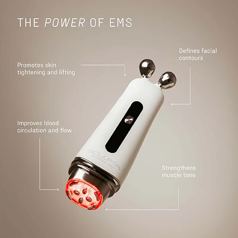 Image 1 - A white facial sculpting device with red light therapy is shown with text overlays describing its benefits, reading: THE POWER OF EMS, Promotes skin tightening and lifting, Defines facial contours, Improves blood circulation and flow, Strengthens muscle tone, and SCULPTA BY ODESSA PRO. Image 2 - A hand holds a white and black SCULPTA BY ODYSSEY PRO red light therapy device with a glowing red head and two silver massage rollers, surrounded by text that reads THE POWER OF RED LIGHT, Reduces full face lines and wrinkles, Accelerates cellular repair and renewal, Improves elasticity and firmness, with a radiating waves icon and RF visible on the device screen. Image 3 - A white and silver skincare device with a glowing red tip is positioned against a beige contoured background, illustrating its benefits: THE POWER OF RF, Promotes collagen synthesis, Reduces full face lines and wrinkles, Tightens and firms, and Improves skin texture, with the device itself labeled SCULPTA BY OGSSZ PRO.